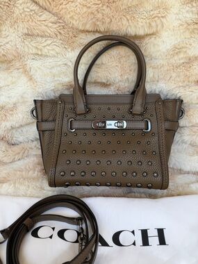 COACH Taupe Brown Pebbled Leather Studded Satchel